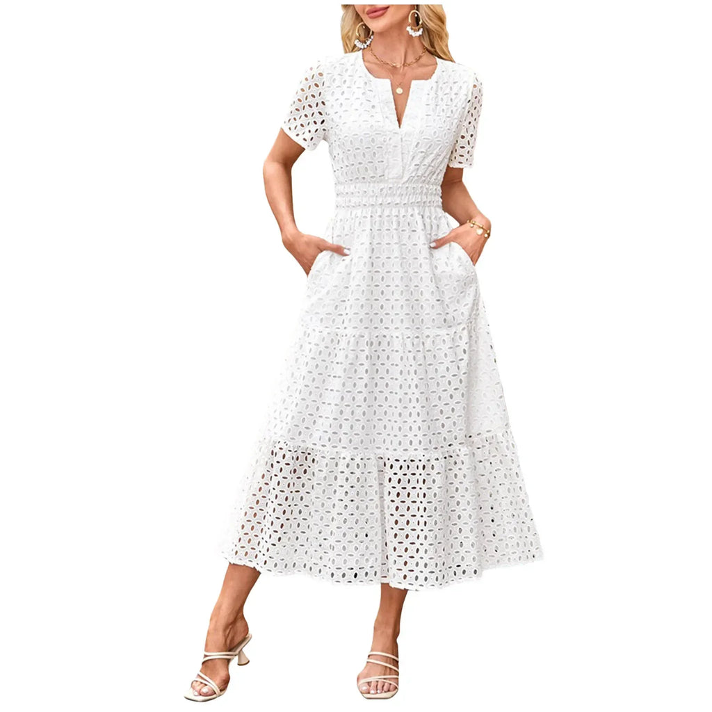 Summer New Women Short Sleeved Long Dress Trendy V-Neck Hollow Eyelets Ruffle Hem A-Line Dresses Pockets Female Vestidos