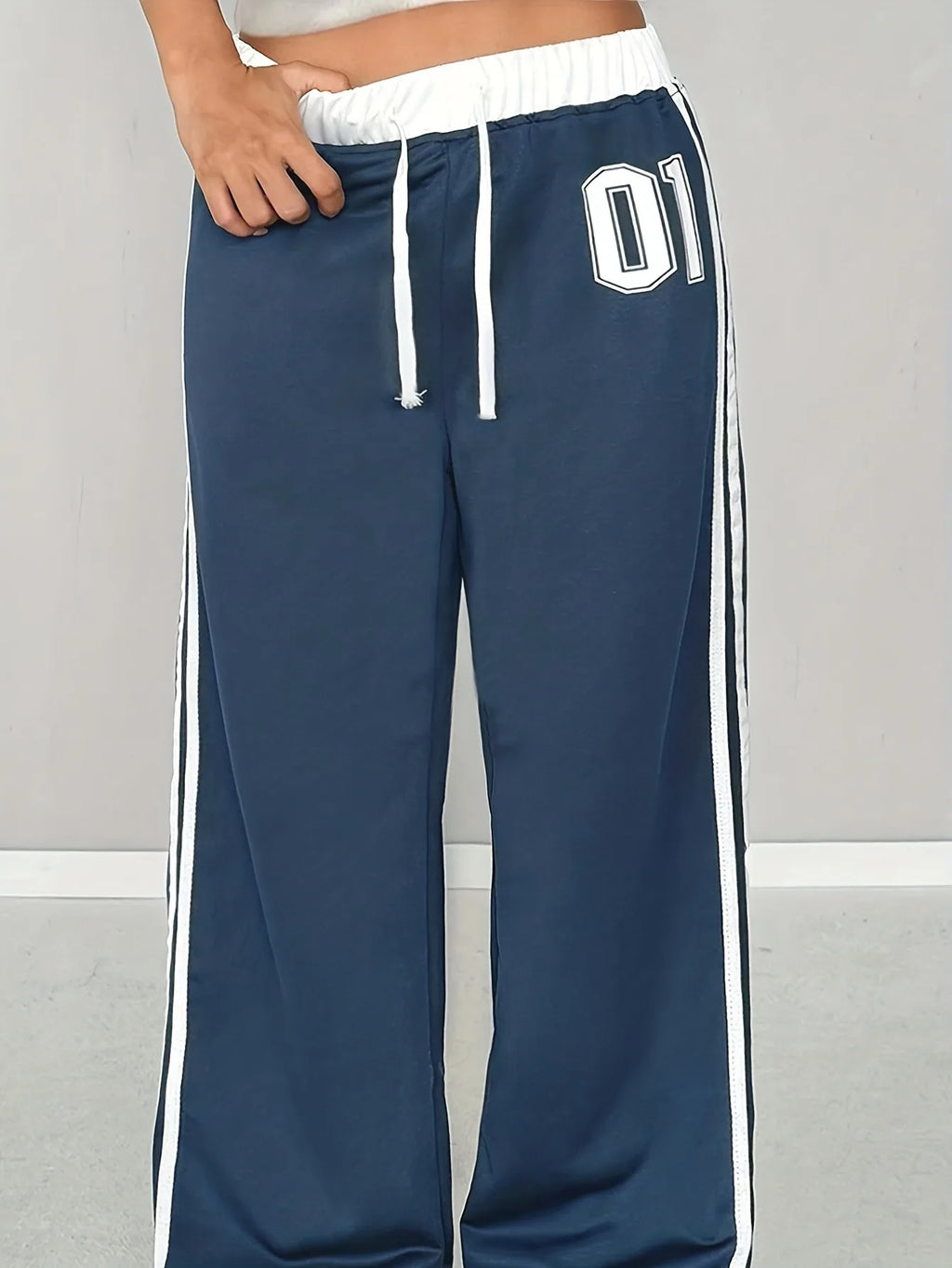 Girls Wide Leg Track Pants Number 01 Print Side Stripe Elastic Drawstring Waist Kids Casual Sporty Pants