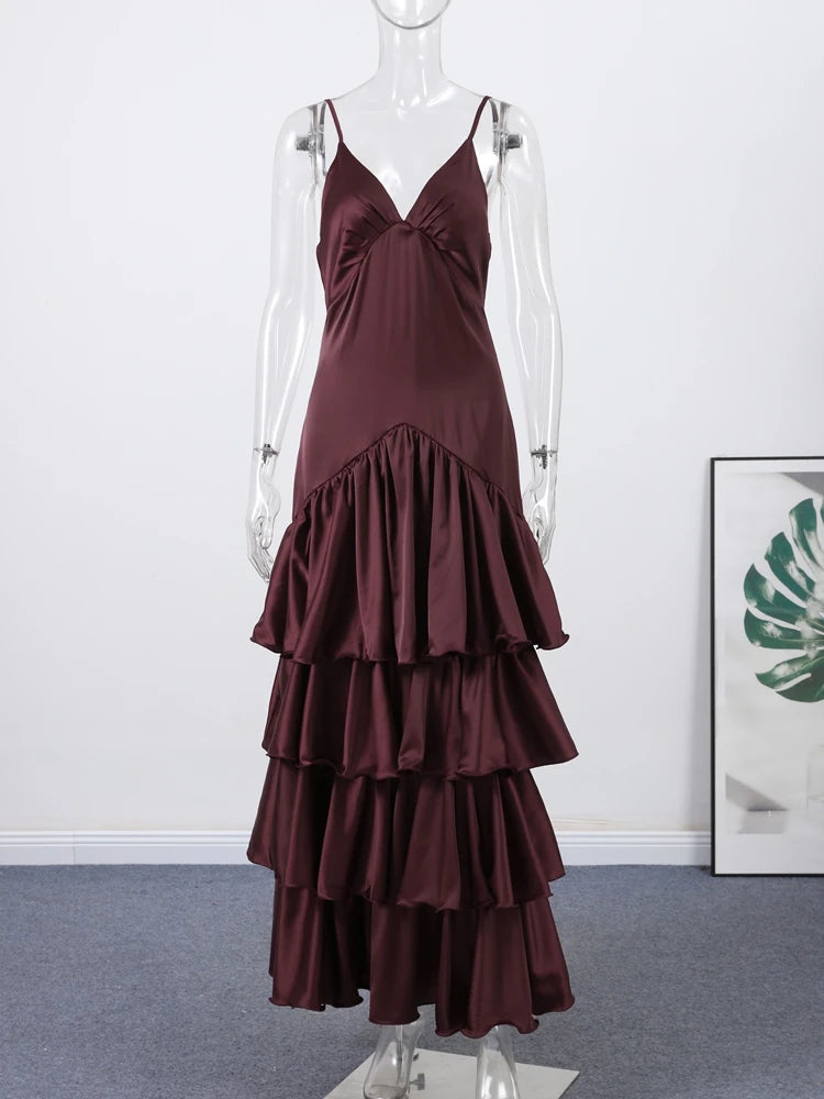 Sexy Ruffles Sling Long Cake Dress Women Sleeveless Backless V-neck Party Evening Dresses 2026 Summer Lady Slim Robes New