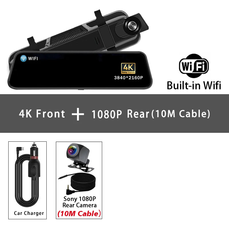 10" Dash Cam 4K 2160P GPS WIFI Car Dvr Mirror Dual Lens Dashcam IPS Screen Car Camera Drive Recorder Stream RearView Mirror