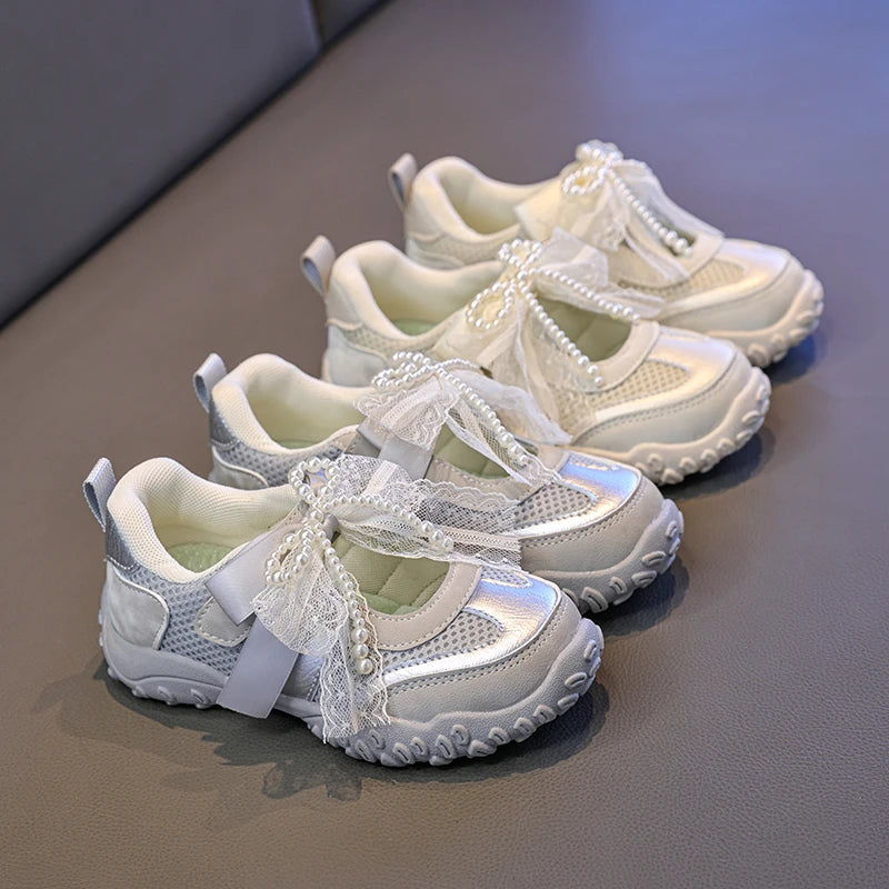 2026 Summer Kids Sport Sneakers for Girl Pearl Lace Mary Jane Flats Lightweight Non-Slip Back To School Children Running Sandals