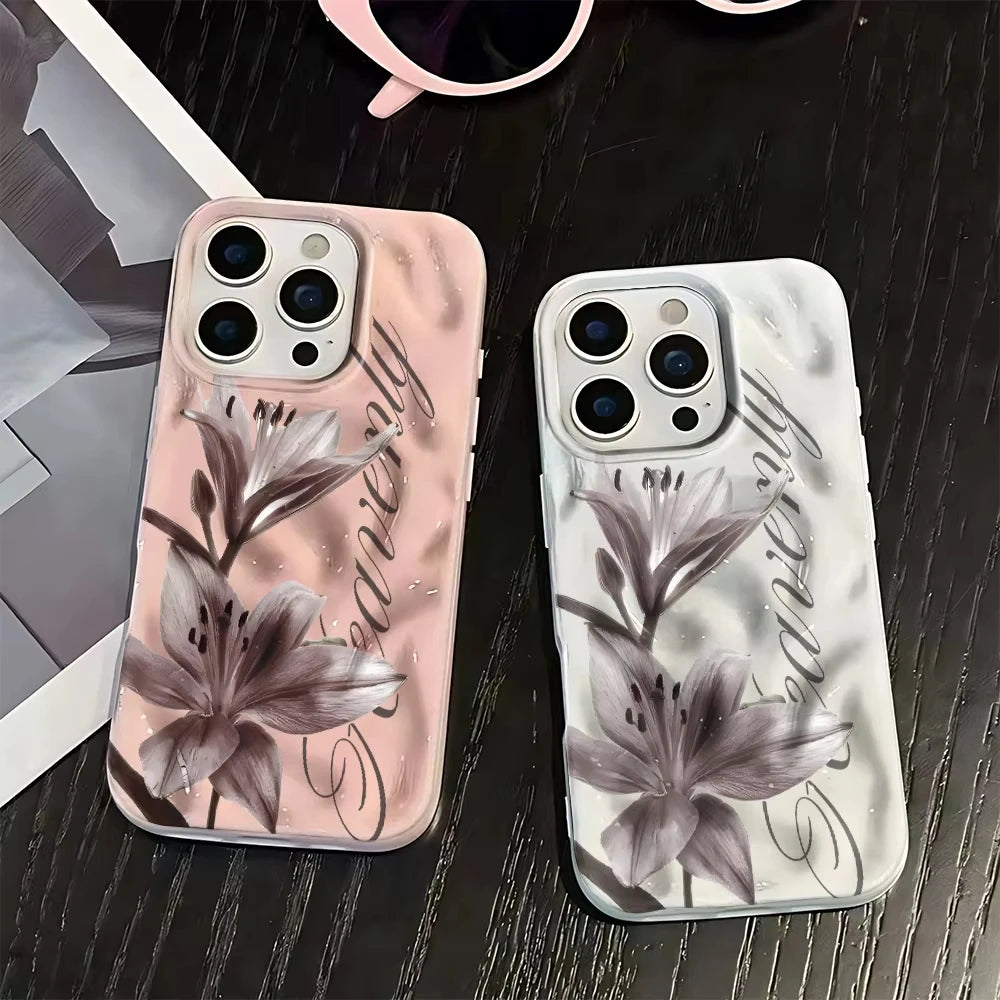 Gray Lily Floral Print Wave Texture Phone Case for iPhone 17 Pro Max 16 15 Plus 14 13 12 11 Shockproof Protective Cover