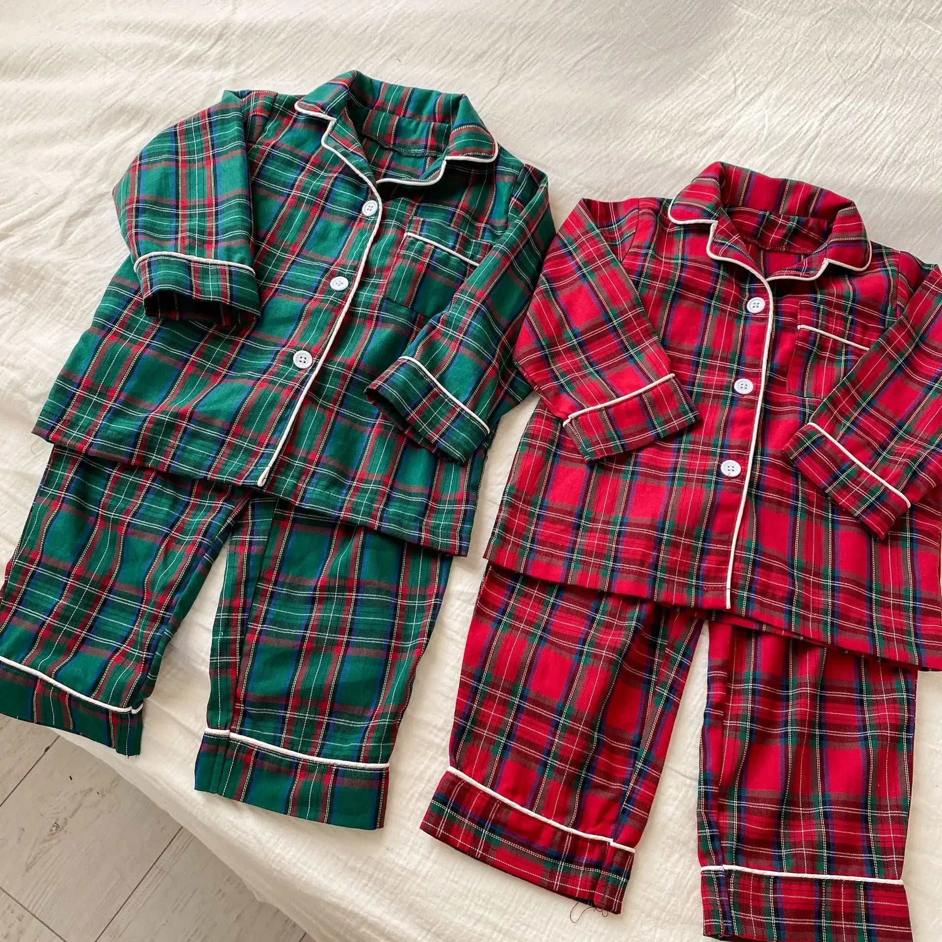 4966 Christmas Children's Pajamas Suit  Autumn Winter Cotton Plaid New Girls Long Sleeve Suit Baby Boy's Home Clothes