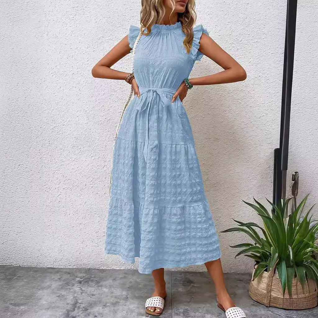 Fashion Women's Vintage Solid Ruffles Flying Sleeves Fresh And Sweet Midi Dress Summer Casual Lace Up Texture Womens Long Dress