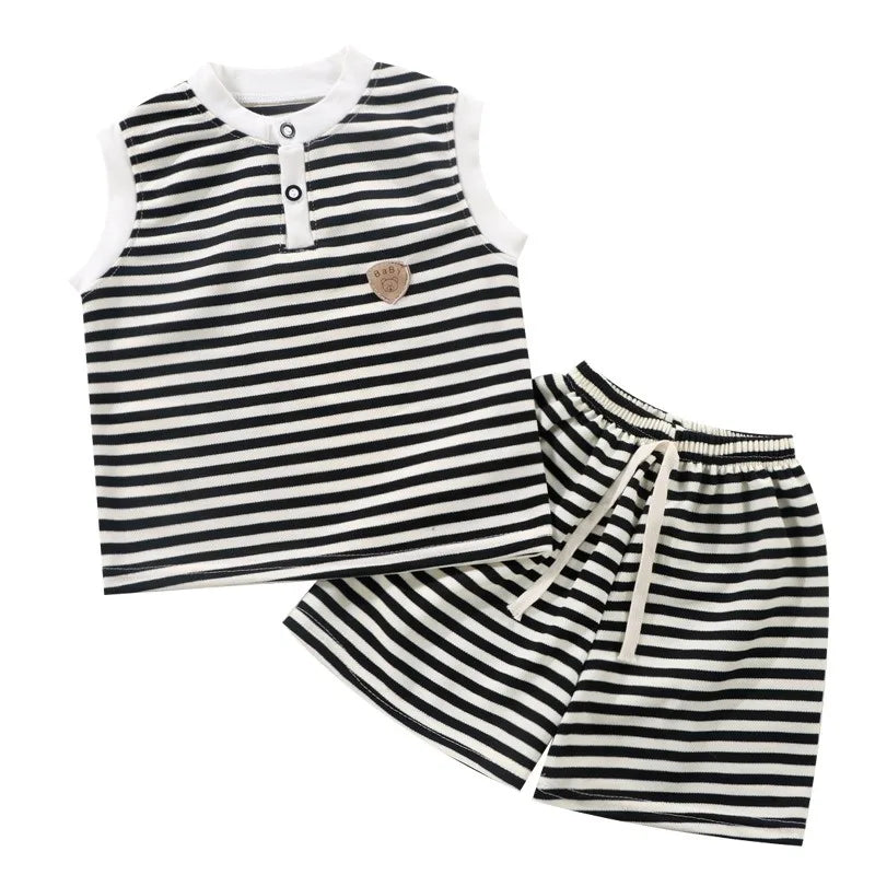 2025 New Baby Clothes Set Sleeveless Tee And Shorts 2pcs Boys Tracksuit Waffle Striped Toddler Girls Outwear