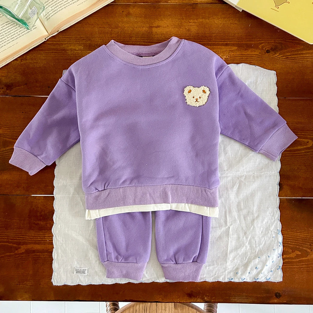 Baby Bear Embroidery  Fleece Pullover  Set  Sweatshirt Tops+Harem Jogger Pants Suits 2pcs Girls Boys  Lined Clothes