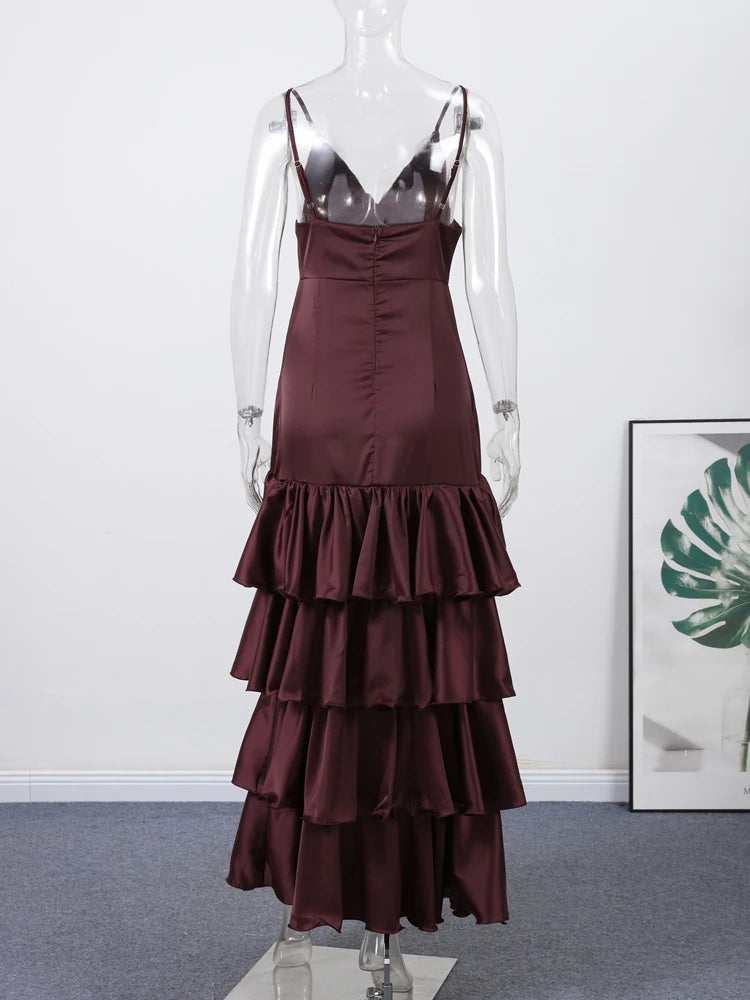 Sexy Ruffles Sling Long Cake Dress Women Sleeveless Backless V-neck Party Evening Dresses 2026 Summer Lady Slim Robes New
