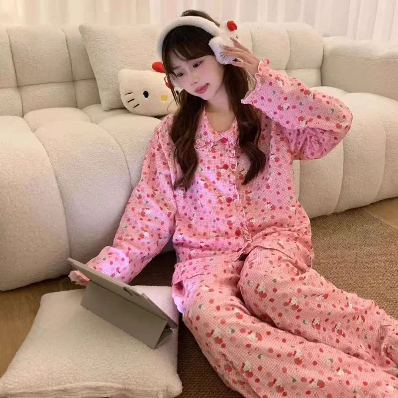 Sanrio Hello Kitty Girl Pajamas Sets Kawaii Women Cartoon Spring Autumn New Long Sleeves Trousers 2Pcs Leisure Home Clothing Hot