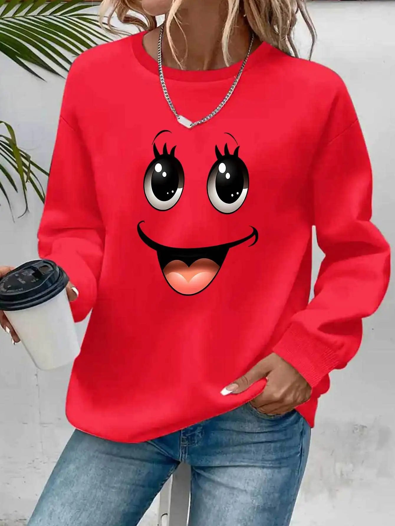 Women's autumn and winter casual, fashionable, loose, comfortable, warm, Paris pattern printed round neck long sleeved pullover