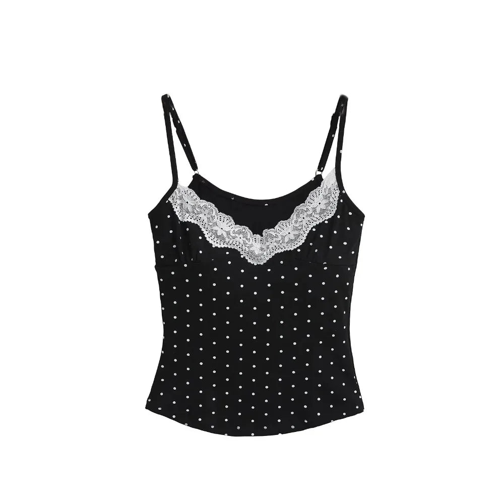 Lace Ruffled Dots Sling Vest Top Sleeveless Bottoming Shirt Camisole with Pads Tank Spicy Girl Style Y2K Slim Crop Top Summer