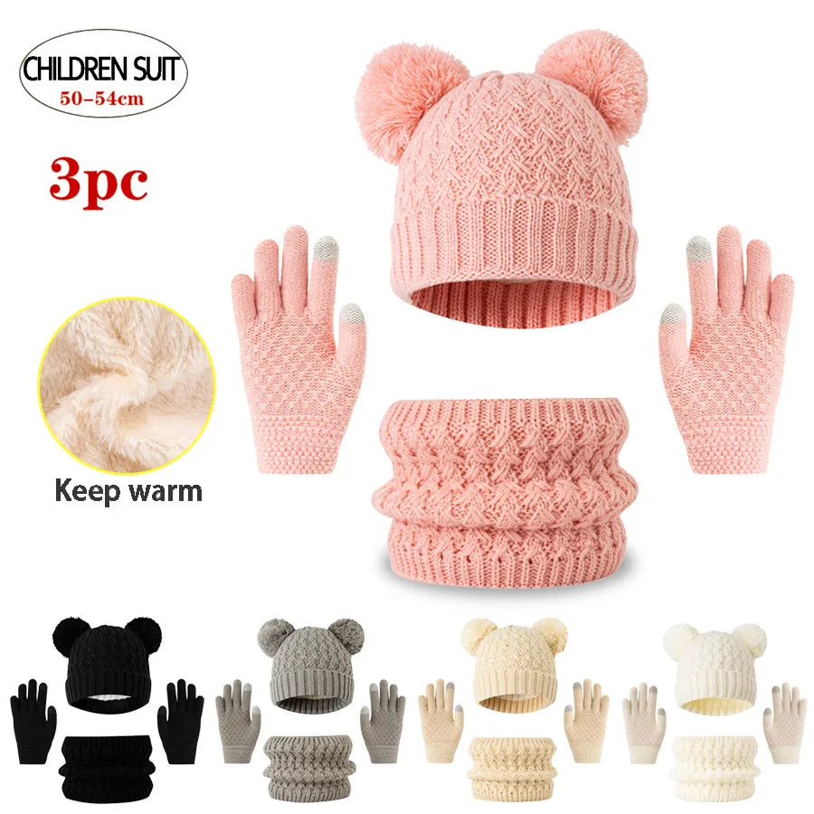 3pc knitted hats, scarves and gloves for children, suitable for children aged 3-12 to keep warm outdoors in winter.