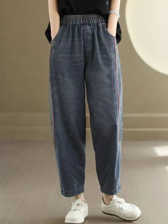 Retro Full Cotton Washed Denim Pants Women's New 2026 Spring Summer Patchwork Loose Harem Pants High Waist Nine Points