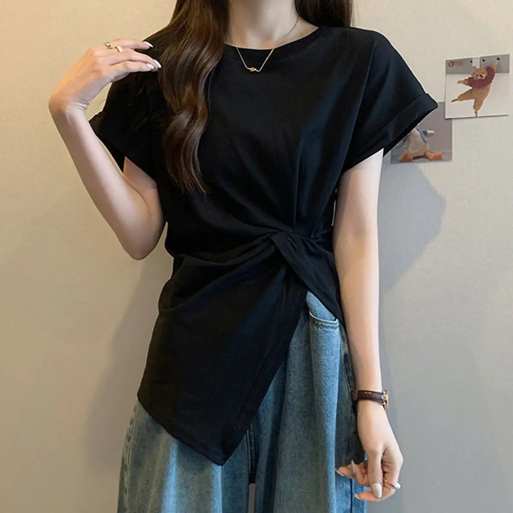 Slimming Short Sleeve T-Shirt Women's Fashionable Asymmetrical Hemline Versatile Korean Style Polyester Casual Summer Top