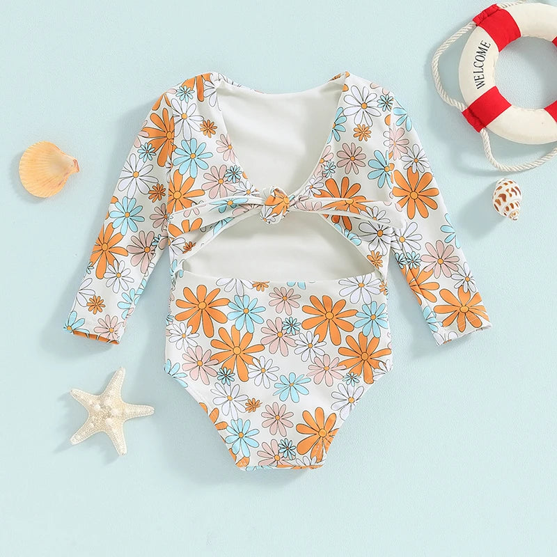 0-4Y Baby Girls Long Sleeve Swimwear Floral Print Back Cut Out Knot Swimsuits Toddler Bathing Suits Beachwear Kids Bikini