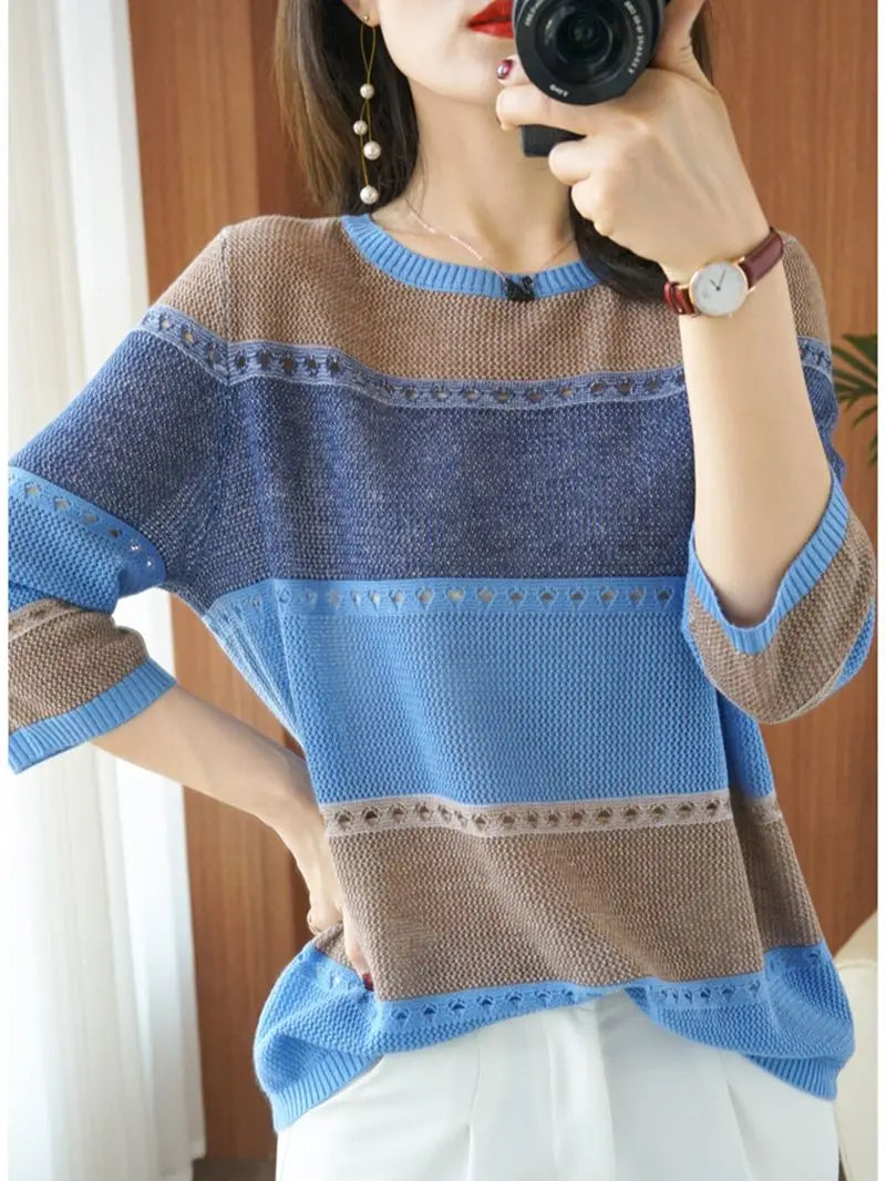 Summer Women knitted Short sleeve 2026 Thin Sweater Female Hollow Out Turtleneck Pullover Ladies knit Cotton Loose Jumpers