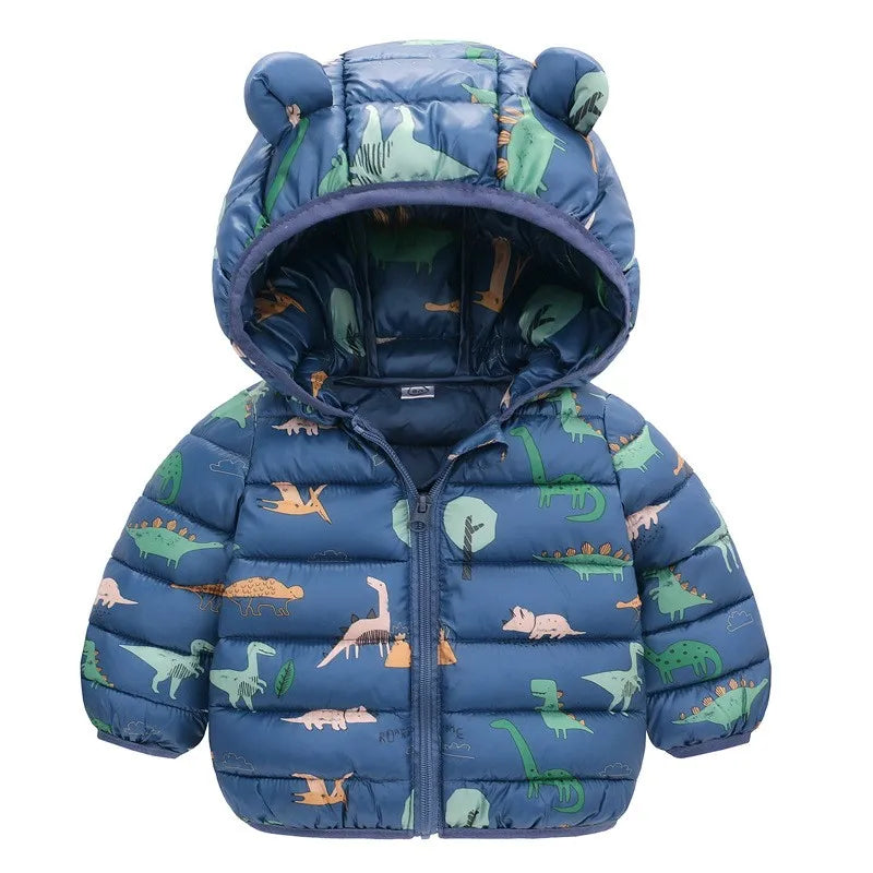 Cartoon Dinosaur Print Boys Baby Lightweight Down Jackets Warm Hooded Outerwear Winter Autumn Kids Girls Coats Casual Clothing