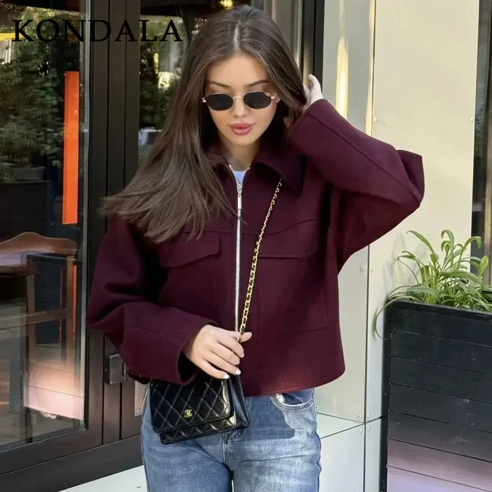 KONDALA 2026 Spring Summer Casual Women Wine Red Jackets Fashion Streetwear Zipper Pockets Turn Down Collar Chic Ladies Jackets