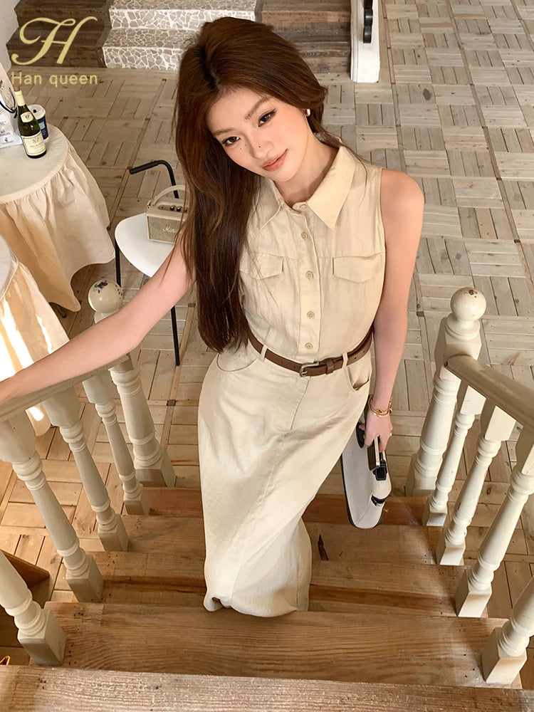 French style Sheath Pencil Simple Solid Slim Button Sleeveless Work Business Dress Women Summer Lapel Shirt Dresses