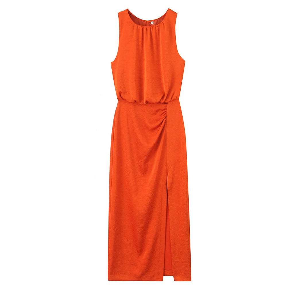 Ladies Solid O-Neck Midi Dress 2026 Summer Sleeveless Split Elegant Pleated Casual Vacation Dress New Fashion Lady Midi Dress