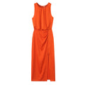 Ladies Solid O-Neck Midi Dress 2026 Summer Sleeveless Split Elegant Pleated Casual Vacation Dress New Fashion Lady Midi Dress