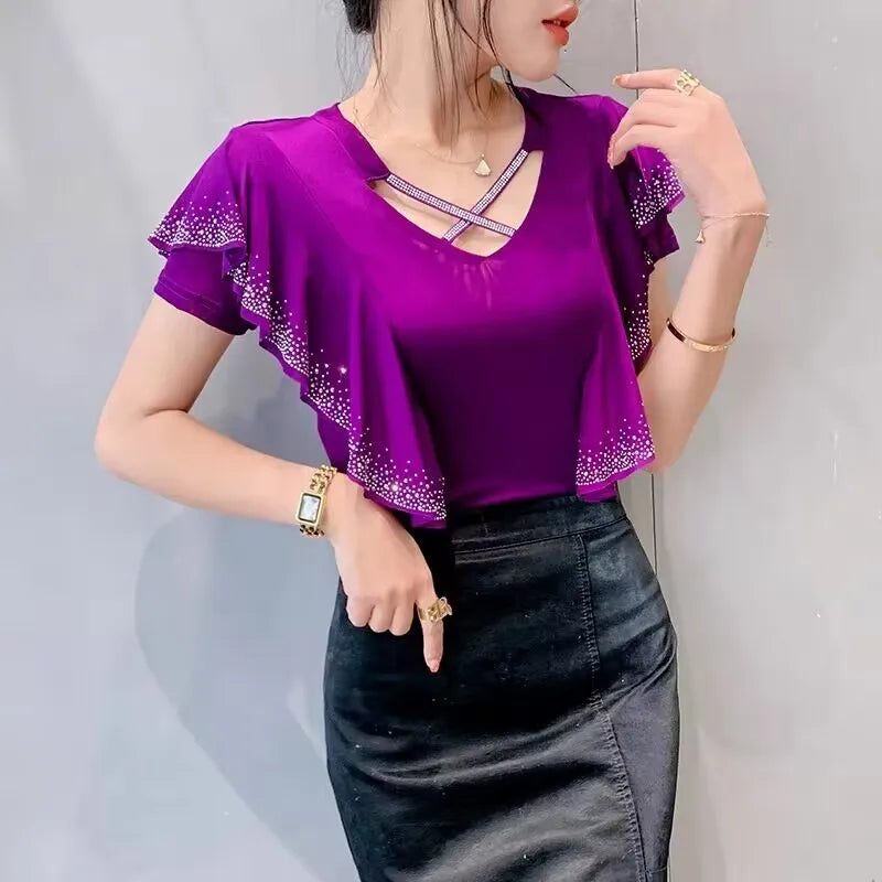 High Quality Summer Women's T-Shirt Fashion Casual V-NeckHollow Out Hot Diamonds Tees Female Ruffled Short Sleeved Mesh Tops