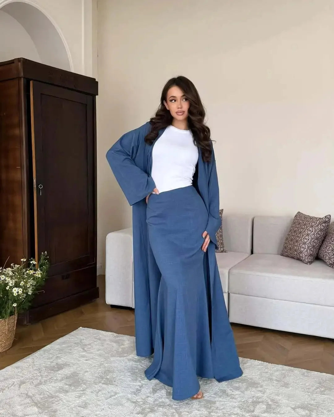 Fashionable Long Cotton Linen Skirt Robe Set Women's Cross-Border Casual Style New Arrival Two-Piece Set Elegant Floor-Length Ca
