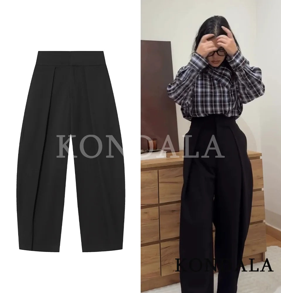 KONDALA Commute High Street Balloon Pants Women Trendy Casual Pleated Trousers 2026 Spring Summer Office Lady Vintage Long Pants
