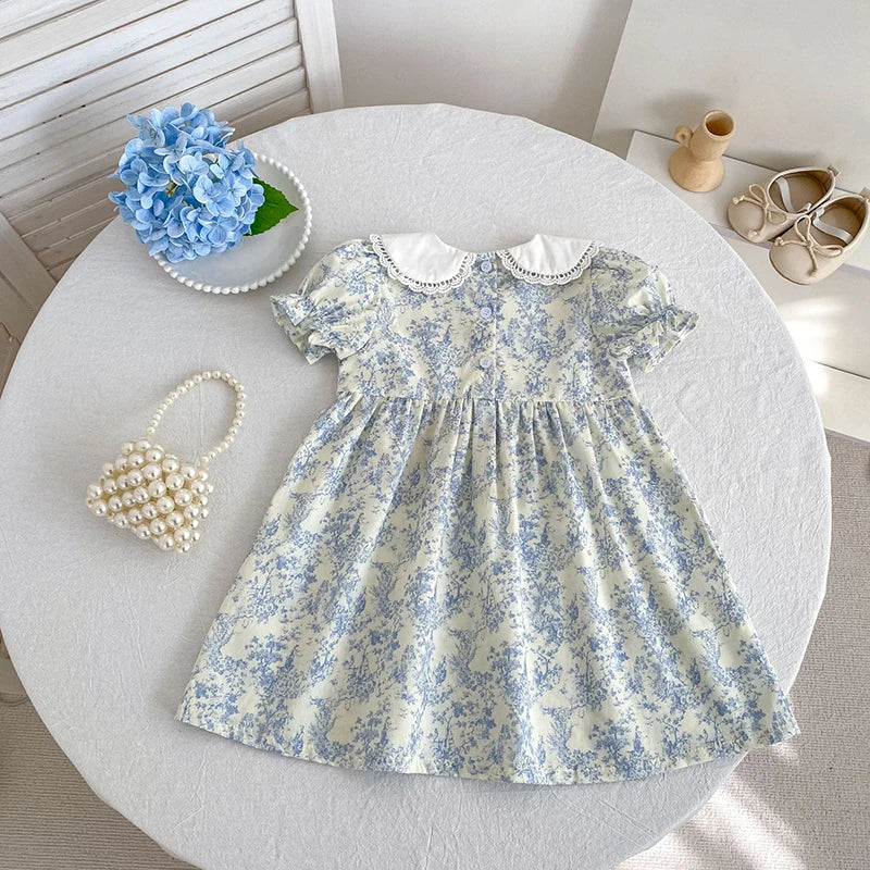 2026 New Girls Children Dress Summer 2-6Yrs Bubble Short Sleeve Dress Floral Print Ruffled Collar Cotton Sweet Dress