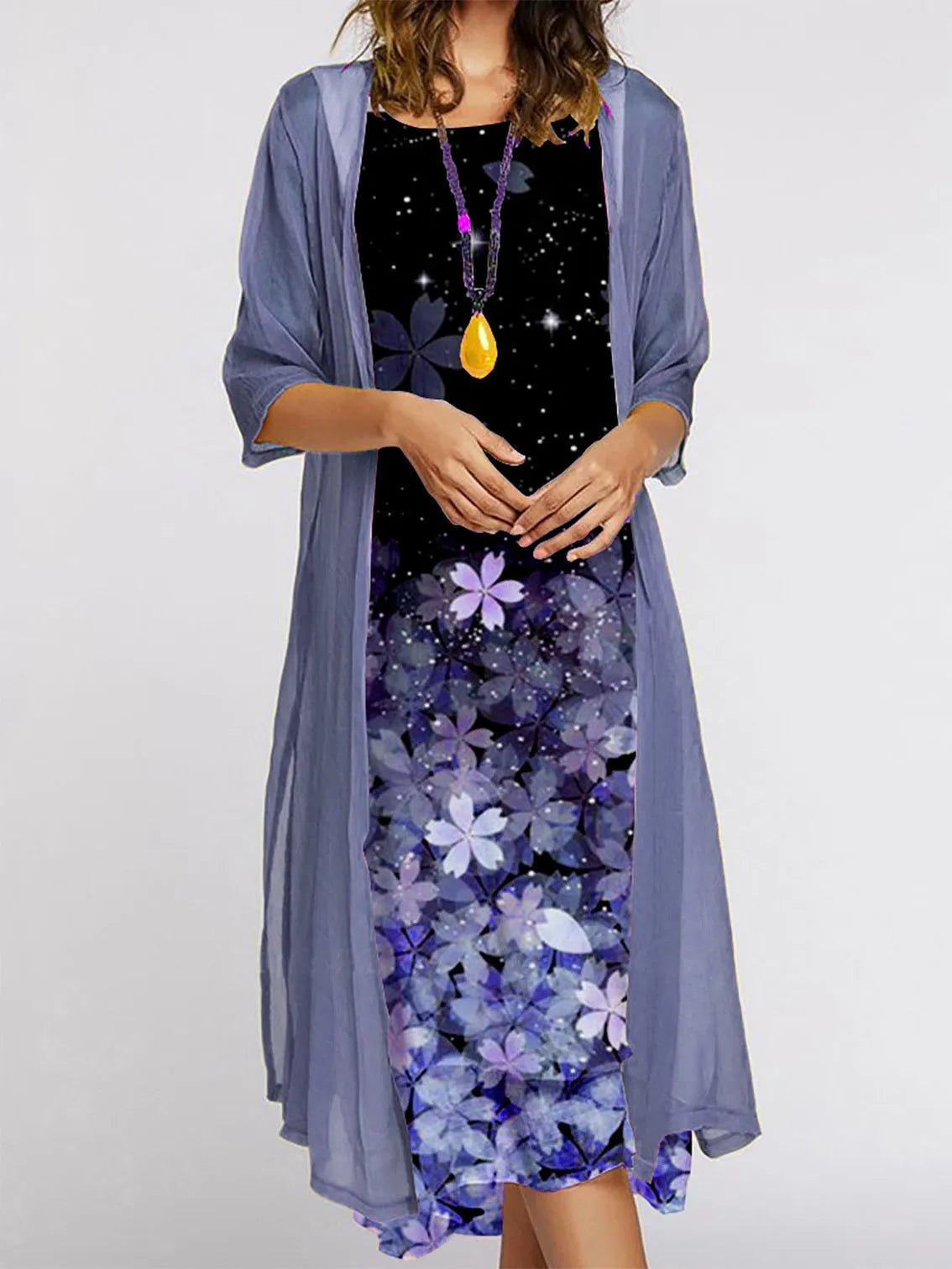 2024 Europe and the United States autumn new women's long dress two-piece set of floral print round neck suit petticoat