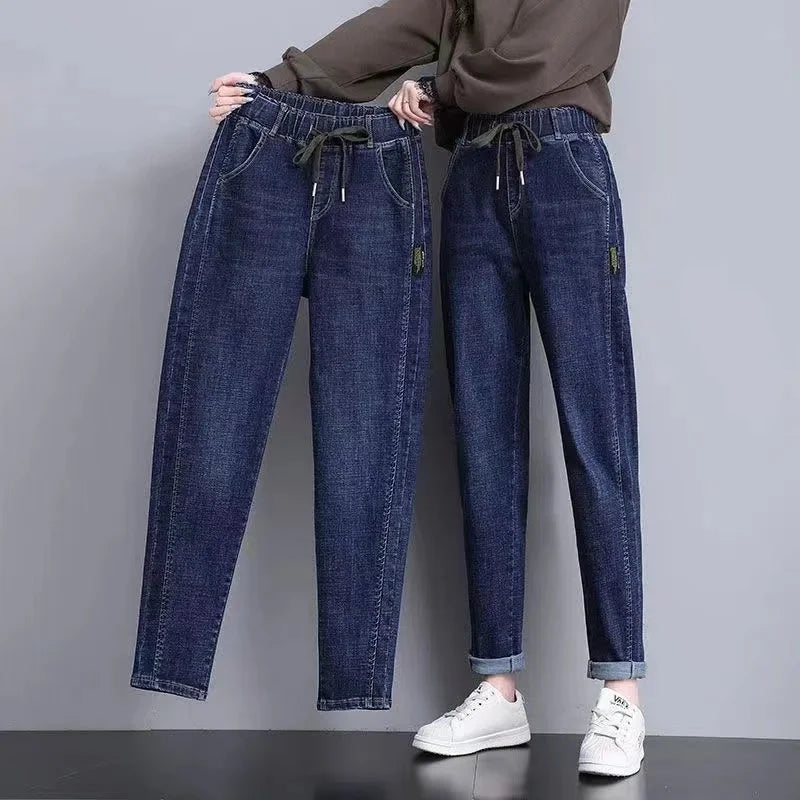 Harajuku Style Women's Jeans Elastic Waist High Waist Cotton Stretch Denim Light Color Pear Shape Body Loose Fit Long Pants
