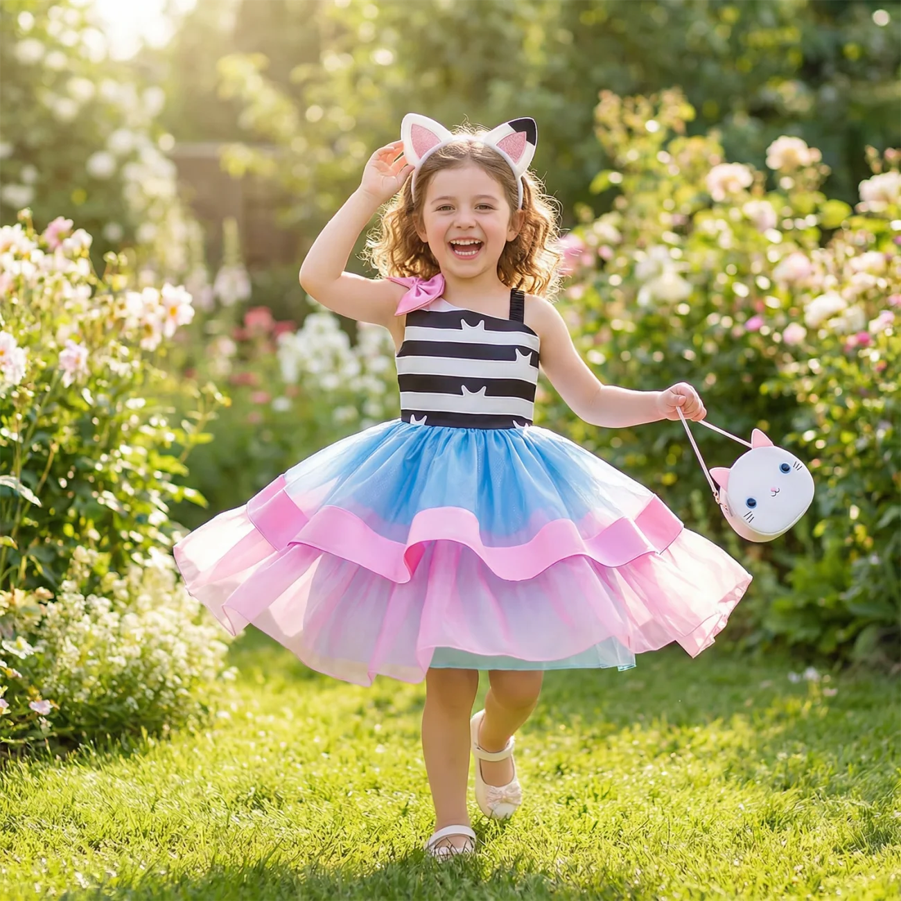 Rainbow Cartoon Cat Costume For Girls Kids Princess Birthday Tutu Dress Outfit For Children Halloween Party Carnival Dress Up