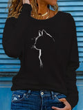 100% pure cotton women's spring and autumn comfortable casual long sleeved cat graphic printed round neck T-shirt