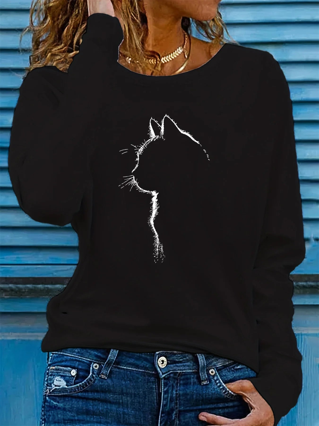 100% pure cotton women's spring and autumn comfortable casual long sleeved cat graphic printed round neck T-shirt