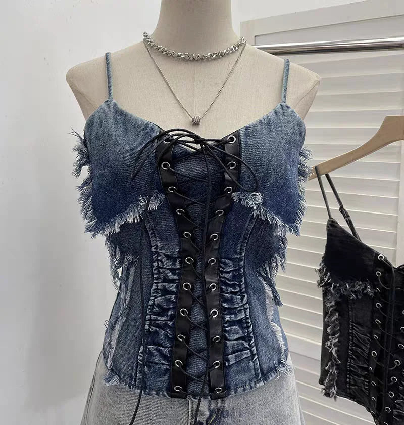 Vintage Distressed Denim Camisomle Raw Edge Lace-Up Cropped Tank Top for Layering & Edgy Outfits