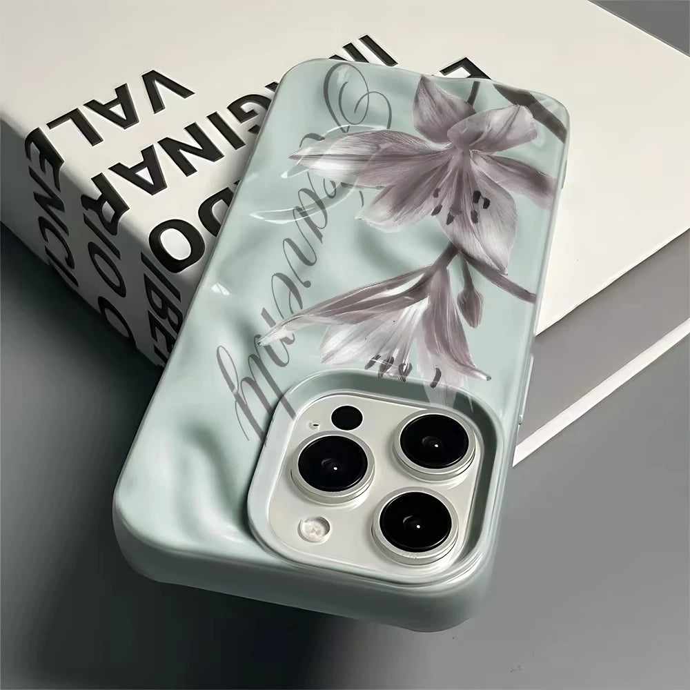 Gray Lily Floral Print Wave Texture Phone Case for iPhone 17 Pro Max 16 15 Plus 14 13 12 11 Shockproof Protective Cover