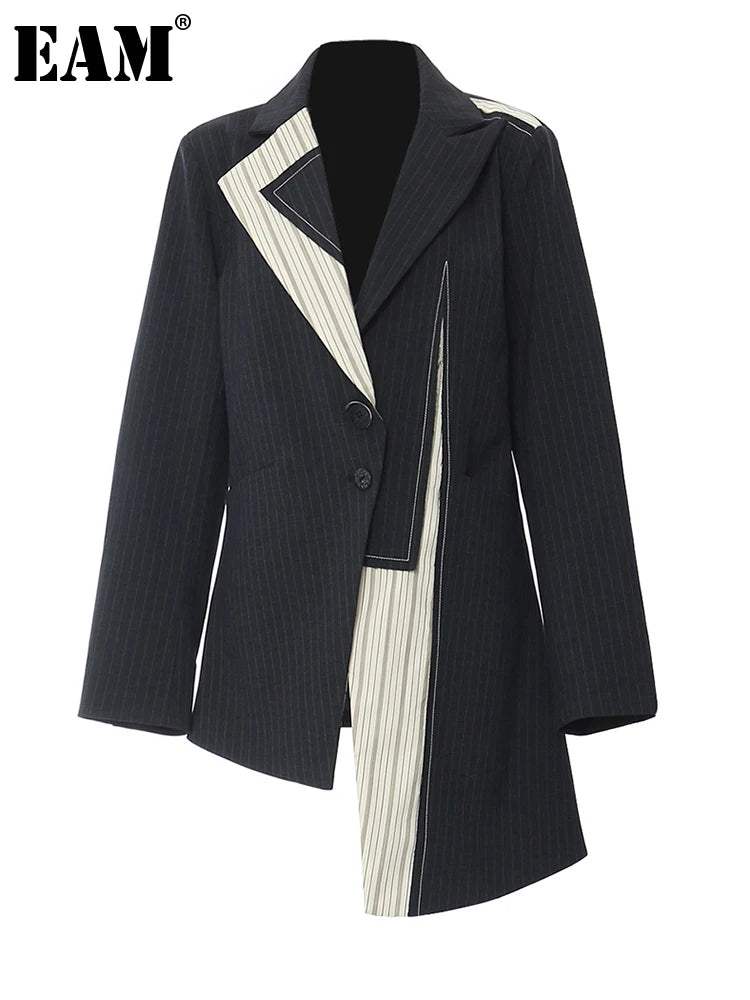 EAM Women Navy Blue Striped Irregular Elegant Blazer New Lapel Long Sleeve Jacket Fashion Tide Spring Autumn 2026 1DH5930