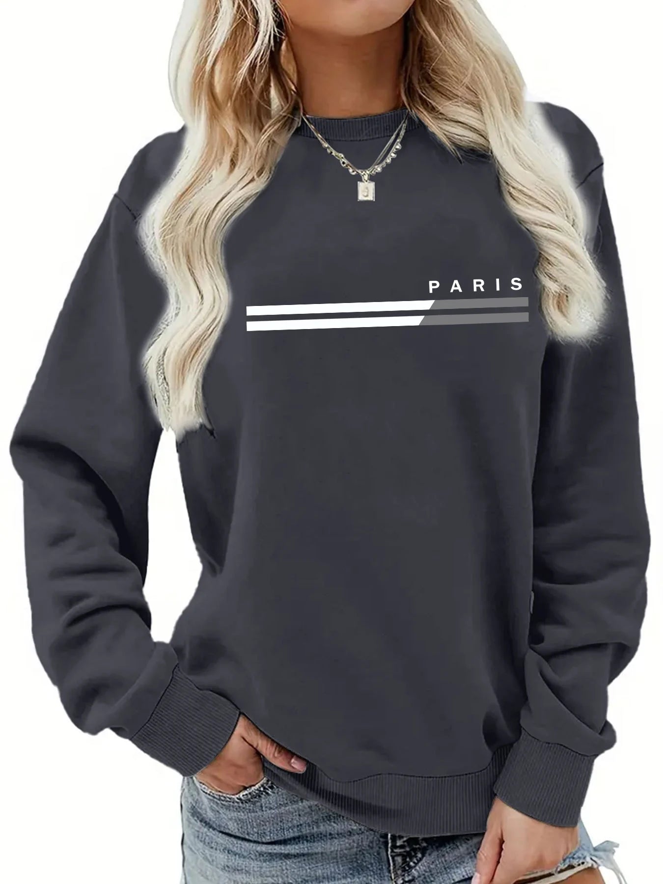 Women's autumn and winter casual, fashionable, loose, comfortable, warm, Paris pattern printed round neck long sleeved pullover