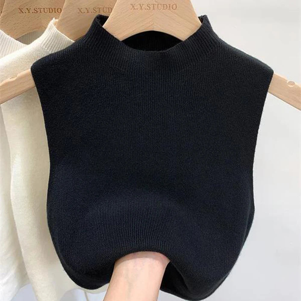 Elegant Knit Vest Top Sleeveless Women Camisole Tees T-Shirt Pure Color Sweater Half-turtleneck Vest Tank Top Simple Cropped Top