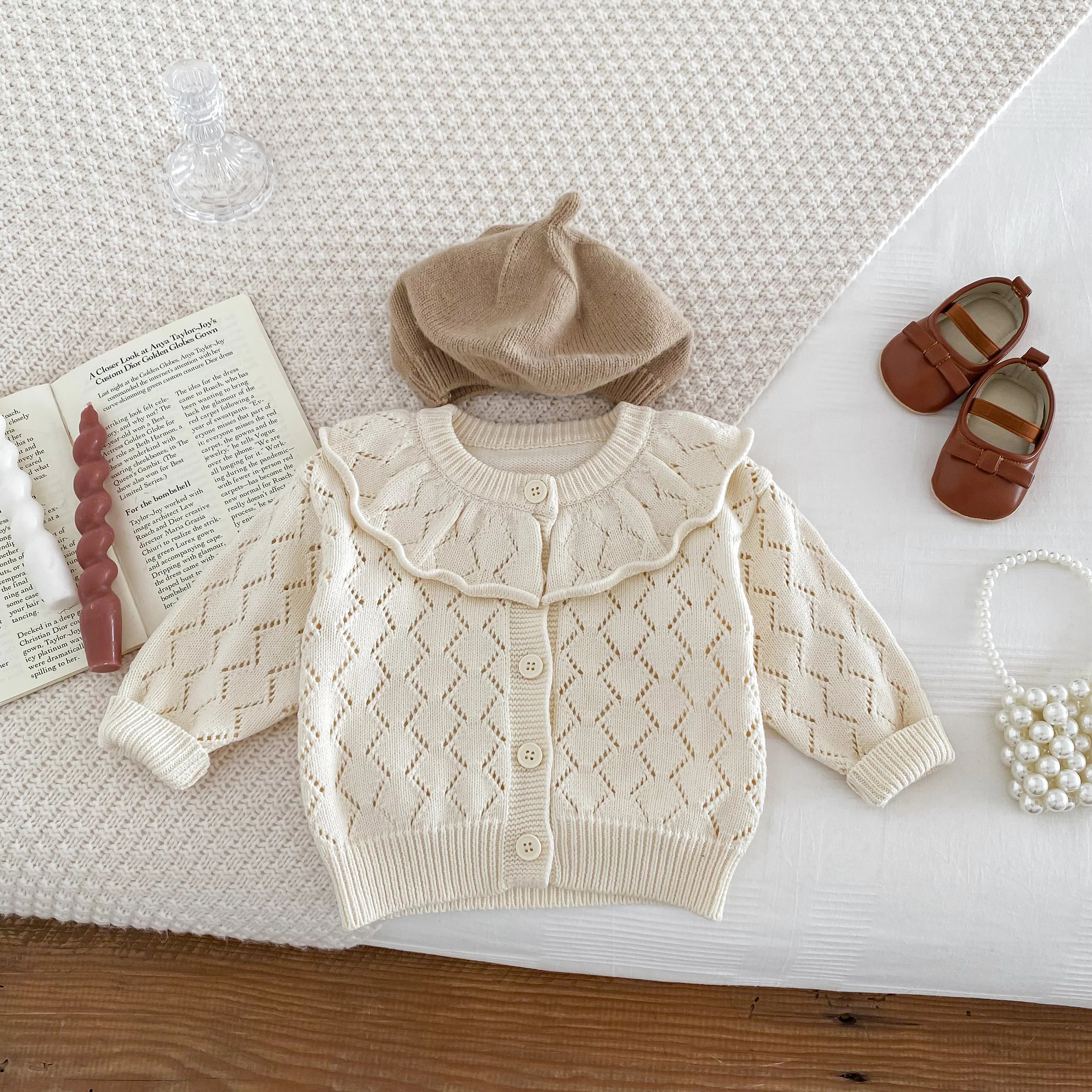 2026 Spring and autumn new collection girls' baby knit sweater with lace trim, large ruffled collar, long sleeve jacket