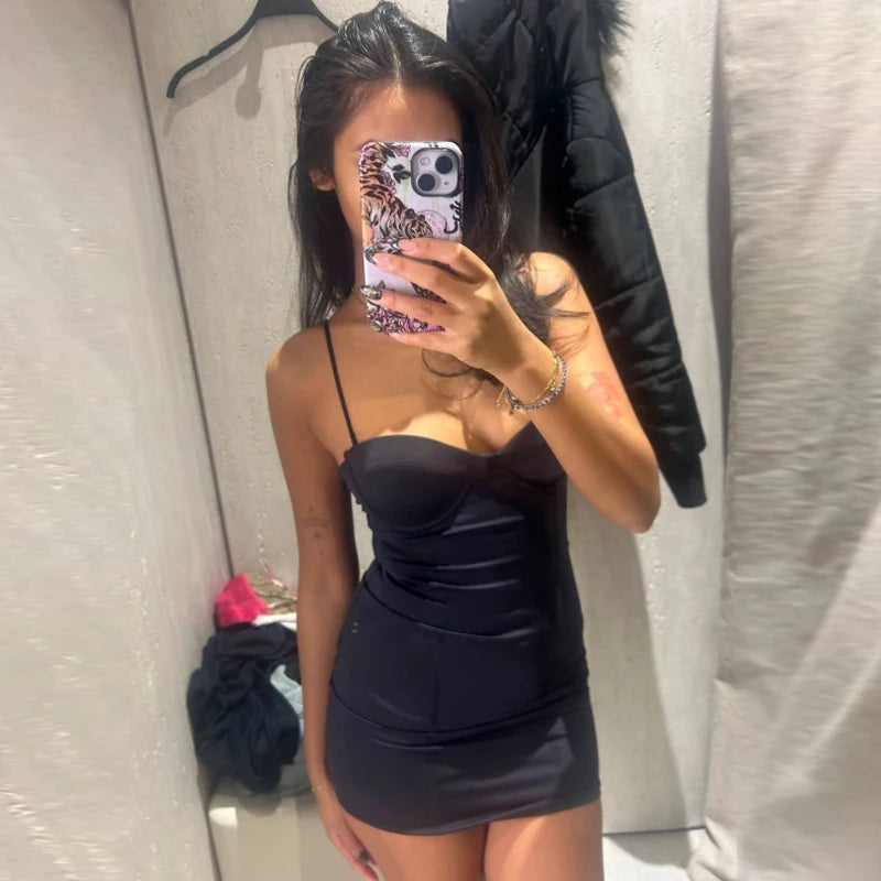 HXAO Mini Black Slip Dresses Women's Dress Summer 2026 Sexy Evening Dress Chic Corset Nylon Sleeveless Backless Bodycon Vestidos
