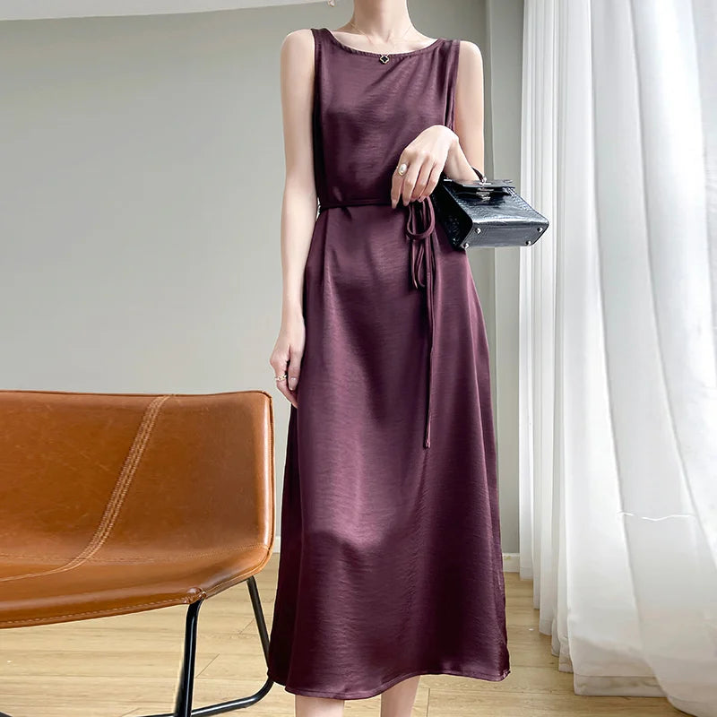 Summer 2024 Women's Sleeveless Vest Dress Korean Style Acetate Satin Long Skirt with Belt Tea Break Method Slimming Gown