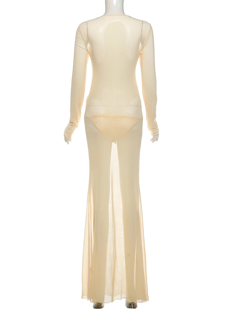 Weird Puss Sexy See through Dress Women Fashion Hollow Halter Lace Patchwork Full Sleeve Ruched Elegant Vacation Party Suits
