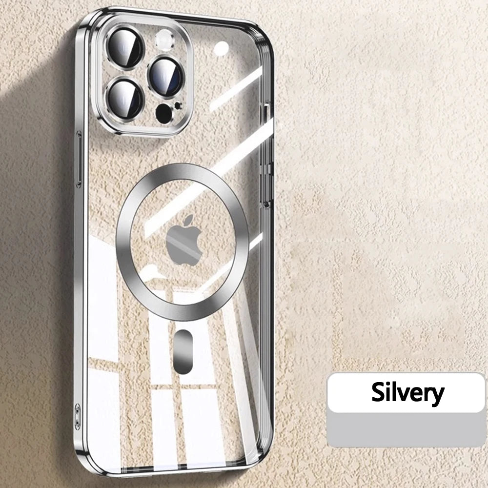 Original Clear Plating Cover For Apple Magnet Magsafe Case Iphone 15 14 Plus 13 12 11 Pro Max X Xs Xr 5K 10H Glas Camera Protect