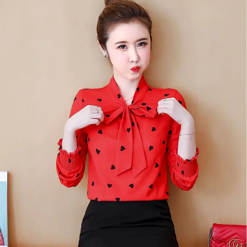 Shirts Women Printed Bow Long Sleeve Korean Style Chic Fashion Office Lady Elegant Vintage Casual Blouses Womens Daily Lovely
