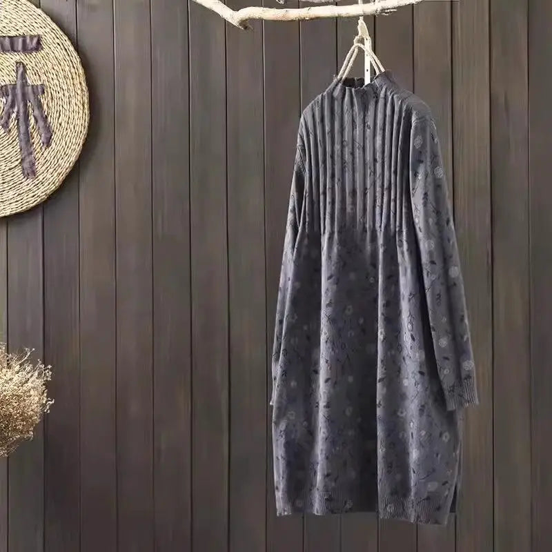 Retro Printed Half High Necked Sweater Dress 2026 Spring Autumn Mid Length Loose Oversized Pullover Bottom Knit Shirt Z4697