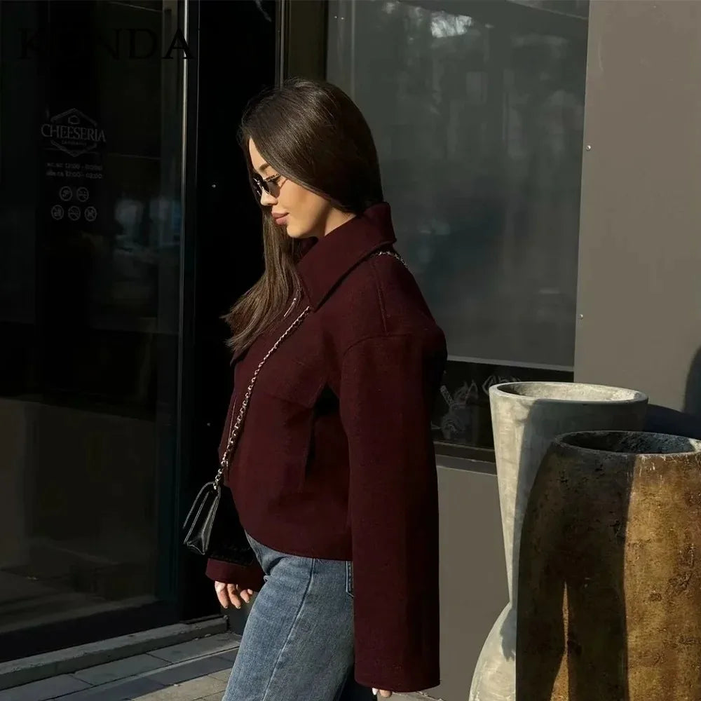 KONDALA 2026 Spring Summer Casual Women Wine Red Jackets Fashion Streetwear Zipper Pockets Turn Down Collar Chic Ladies Jackets