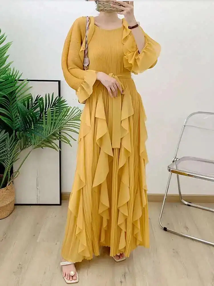 LANMREM Fashion Ruffles Pleated Dress Women Round Neck Flare Sleeves Solid Maxi Belt Dresses Party 2025 Spring New 2AA1502