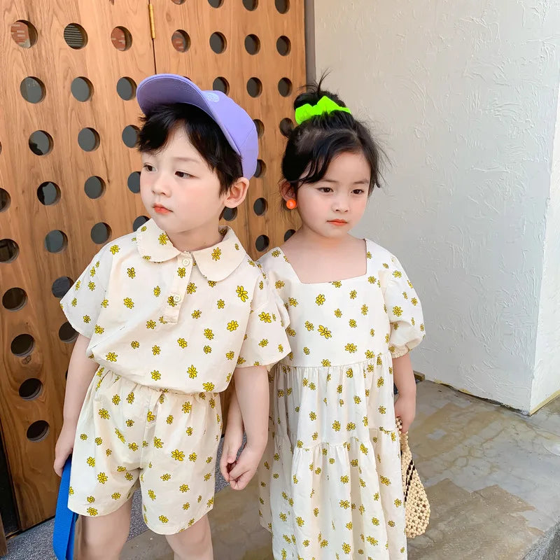 Summer Children Clothes Suit Floral Print Top And Shorts Casual Fashion Suit Kids Clothing For 2-6Y