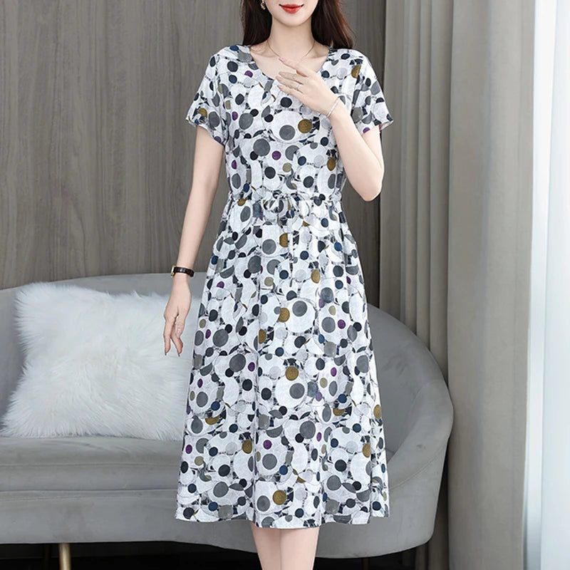 New Fashion 2025 Print Summer Dresses For Women Short Sleeve O-Neck Elegant Summer Dress Woman Clothing