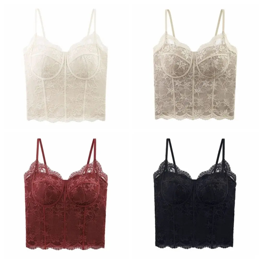 Chic Mesh Flower Slim Lace Crop Top Bottoming Shirt Sweet Girl's Vest Top Spicy Girls Style Summer Camisole with Pads Women